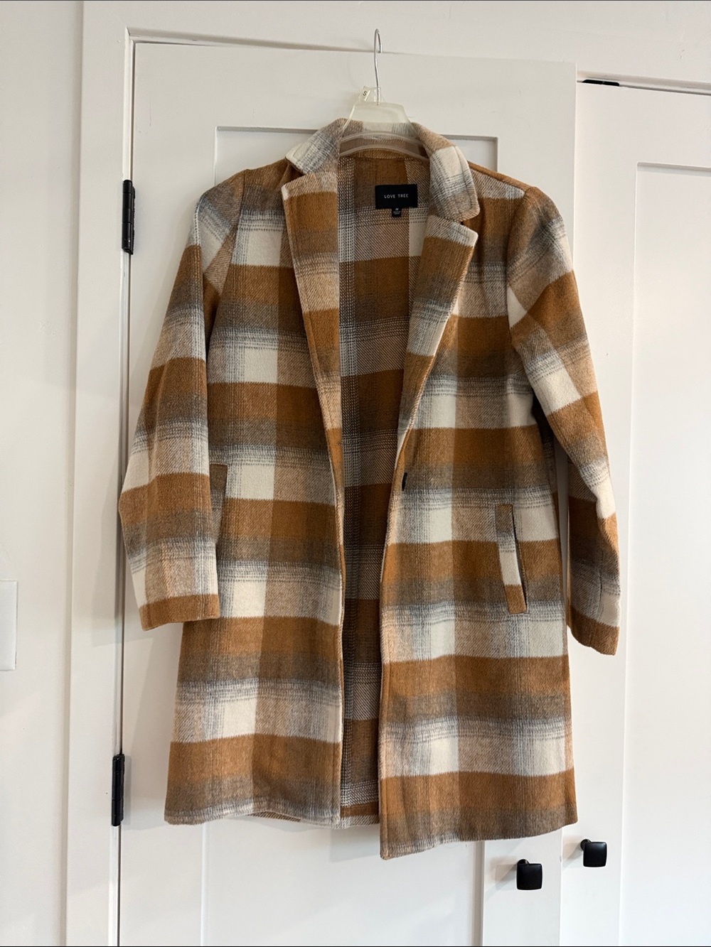 Love Tree Plaid Pea Coat in Brown, Cream & Gray